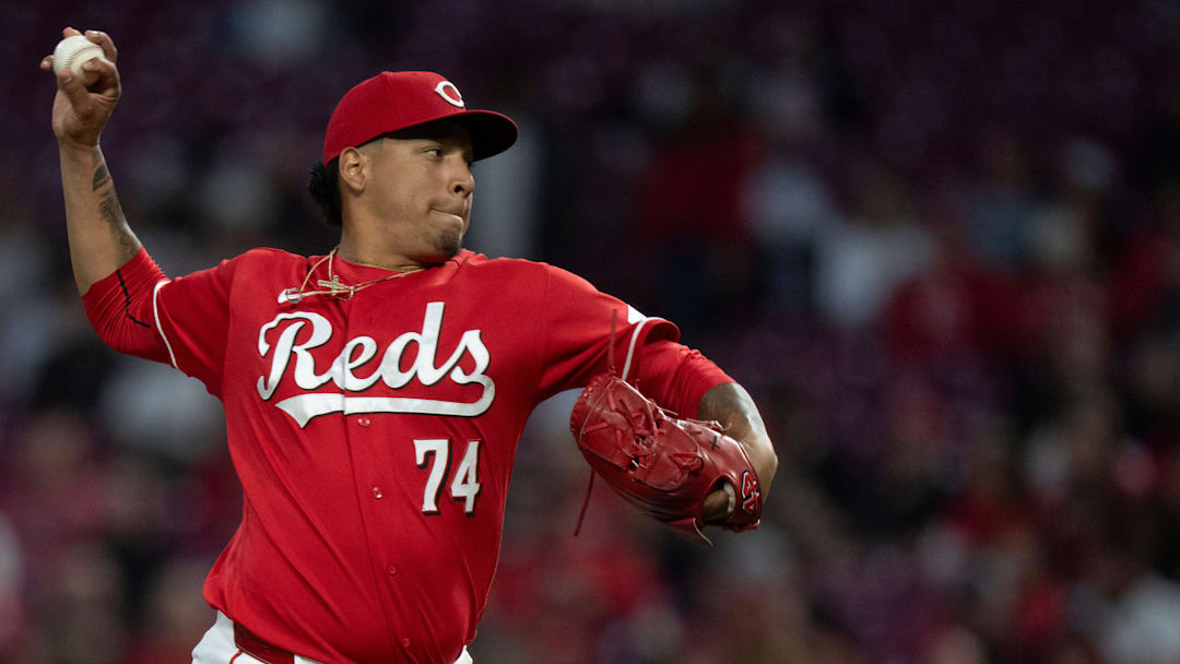 Cincinnati Reds pitcher Jose Franco (74) pitches in the seventh inning of the MLB baseball game between the Cincinnati Reds and the Colorado Rockies at Great American Ball Park in Cincinnati on Wednesday, April 29, 2026.
