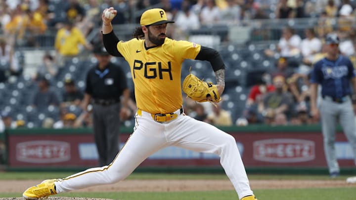 Jun 23, 2024; Pittsburgh, Pennsylvania, USA;  Pittsburgh Pirates relief pitcher Colin Holderman (35) pitches against the Tampa Bay Rays during the eighth inning at PNC Park. Mandatory Credit: Charles LeClaire-USA TODAY Sports