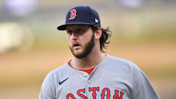 Apr 12, 2025; Chicago, Illinois, USA; Boston Red Sox relief pitcher Justin Slaten (63) looks on during a game against the Chicago White Sox at Rate Field. 