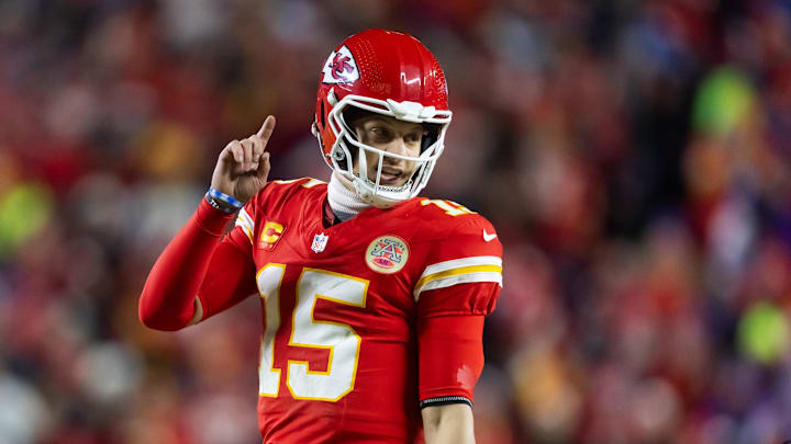 Kansas City Chiefs quarterback Patrick Mahomes (15) reacts against the Buffalo Bills during the AFC Championship game at GEHA Field at Arrowhead Stadium. Kansas City Chiefs quarterback Patrick Mahomes (15) reacts against the Buffalo Bills during the AFC Championship game at GEHA Field at Arrowhead Stadium.