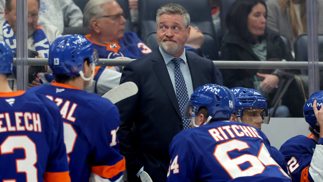 Mar 28, 2026; Elmont, New York, USA; New York Islanders head coach Patrick Roy reacts as he coaches against the Florida Panthers during the first period at UBS Arena. Mandatory Credit: Brad Penner-Imagn Images
