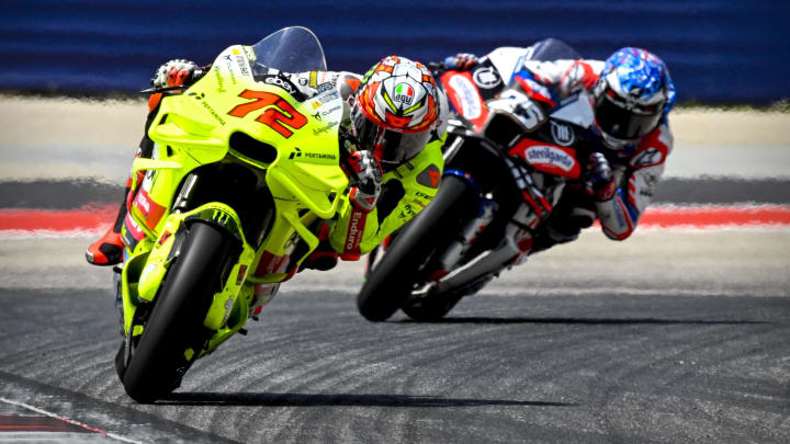 Apr 14, 2024; Austin, TX, USA; Marco Bezzecchi (72) of Italy and Pertamina Enduro VR46 rides during the MotoGP Grand Prix of The Americas at Circuit of The Americas. Mandatory Credit: Jerome Miron-USA TODAY Sports