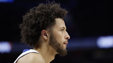 Oct 19, 2022; Detroit, Michigan, USA;  Detroit Pistons guard Cade Cunningham (2) looks on during the second half against the Orlando Magic at Little Caesars Arena. Mandatory Credit: Rick Osentoski-Imagn Images