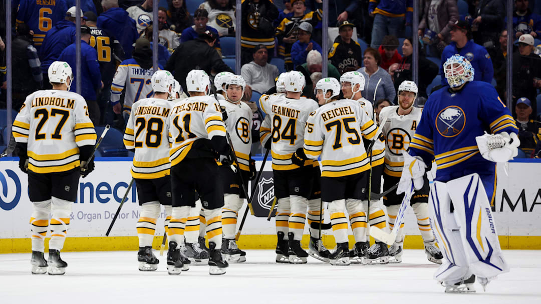 Mar 25, 2026; Buffalo, New York, USA; The Boston Bruins celebrate a win over the Buffalo Sabres at KeyBank Center. Mandatory Credit: Timothy T. Ludwig-Imagn Images Mar 25, 2026; Buffalo, New York, USA; The Boston Bruins celebrate a win over the Buffalo Sabres at KeyBank Center. Mandatory Credit: Timothy T. Ludwig-Imagn Images