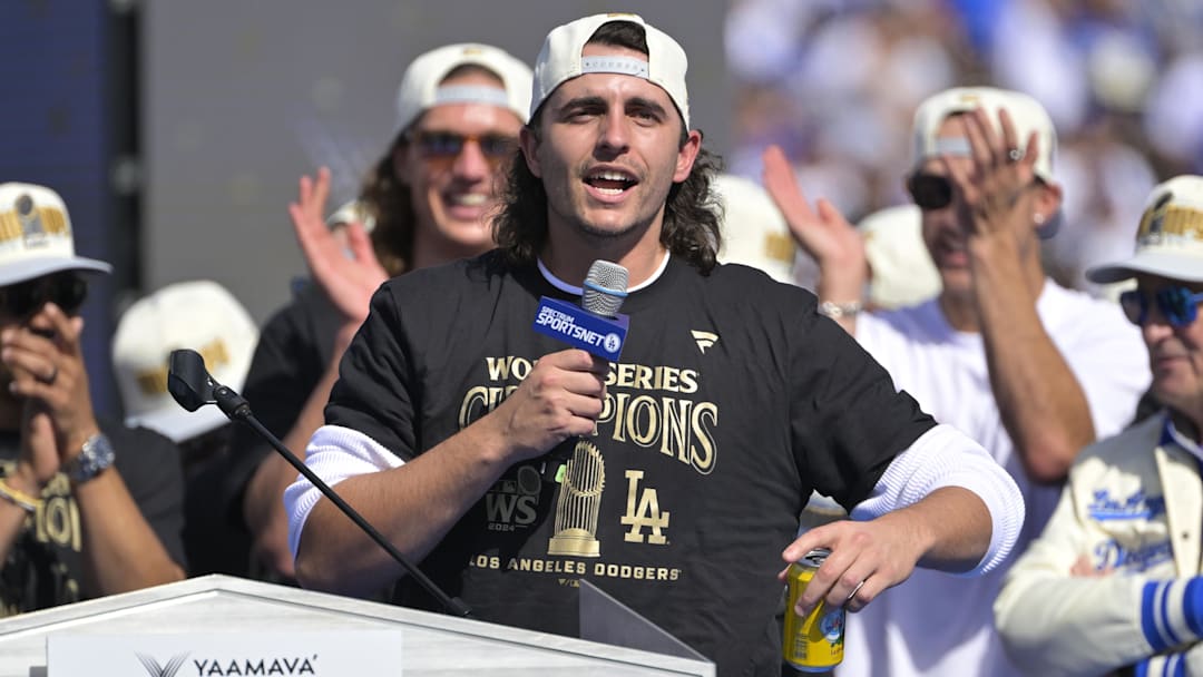 Nov 1, 2024; Los Angeles, CA, USA; Los Angeles Dodgers pitcher Brent Honeywell (40) speaks to fans during the World Series Championship Celebration at Dodger Stadium. Mandatory Credit: Jayne Kamin-Oncea-Imagn Images Nov 1, 2024; Los Angeles, CA, USA; Los Angeles Dodgers pitcher Brent Honeywell (40) speaks to fans during the World Series Championship Celebration at Dodger Stadium. Mandatory Credit: Jayne Kamin-Oncea-Imagn Images