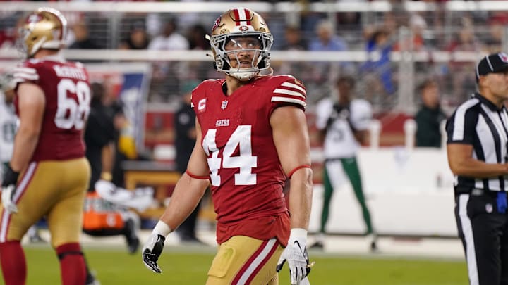 Sep 9, 2024; Santa Clara, California, USA; San Francisco 49ers fullback Kyle Juszczyk (44) waits for the action to resume in the third quarter against the New York Jets at Levi's Stadium. Mandatory Credit: David Gonzales-Imagn Images Sep 9, 2024; Santa Clara, California, USA; San Francisco 49ers fullback Kyle Juszczyk (44) waits for the action to resume in the third quarter against the New York Jets at Levi's Stadium. Mandatory Credit: David Gonzales-Imagn Images