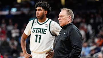 Michigan State guard Jase Richardson (11) watches a play against Oregon next to head coach Tom Izzo during the second half of Big Ten Tournament quarterfinal at Gainbridge Fieldhouse in Indianapolis, Ind. on Friday, March 14, 2025.