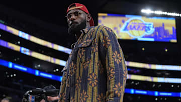 Oct 24, 2025; Los Angeles, California, USA; Los Angeles Lakers forward LeBron James reacts during the game against the Minnesota Timberwolves at Crypto.com Arena. Mandatory Credit: Kirby Lee-Imagn Images