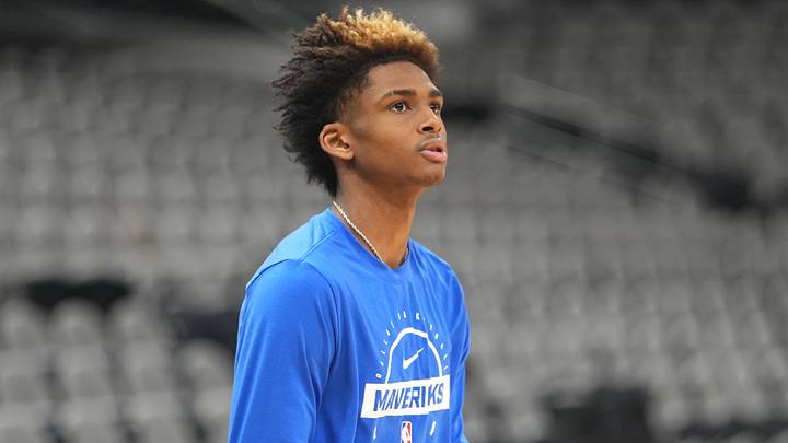 Apr 10, 2026; San Antonio, Texas, USA; Dallas Mavericks guard AJ Johnson (8) warms up before a game against the San Antonio Spurs at Frost Bank Center. Mandatory Credit: Scott Wachter-Imagn Images