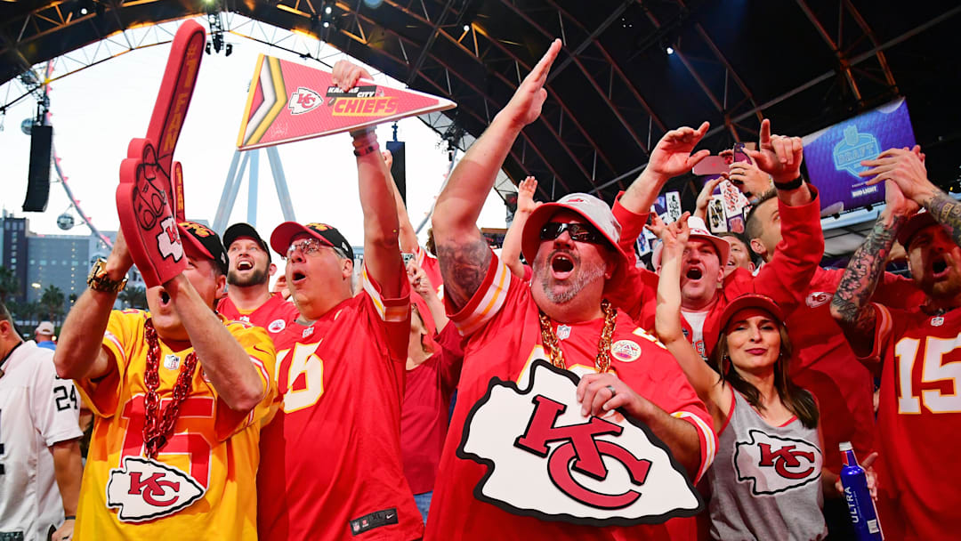 Apr 28, 2022; Las Vegas, NV, USA; Kansas City Chiefs fans cheer during the first round of the 2022 NFL Draft at the NFL Draft Theater. Mandatory Credit: Gary Vasquez-Imagn Images