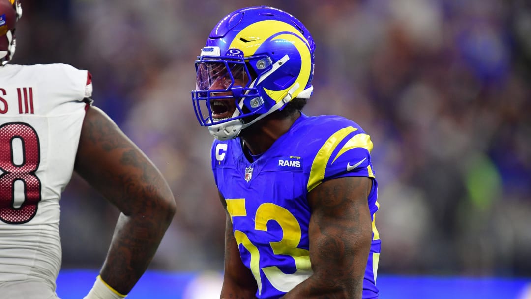 Dec 17, 2023; Inglewood, California, USA; Los Angeles Rams linebacker Ernest Jones (53) reacts after a defensive play against the Washington Commanders during the second half at SoFi Stadium. Mandatory Credit: Gary A. Vasquez-USA TODAY Sports