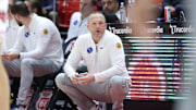 Mar 4, 2025; Salt Lake City, Utah, USA; West Virginia Mountaineers head coach Darian DeVries looks on against the Utah Utes during the second half at Jon M. Huntsman Center. Mandatory Credit: Rob Gray-Imagn Images