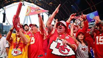 Apr 28, 2022; Las Vegas, NV, USA; Kansas City Chiefs fans cheer during the first round of the 2022 NFL Draft at the NFL Draft Theater. Mandatory Credit: Gary Vasquez-Imagn Images