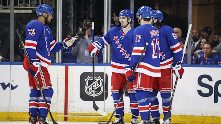 Apr 17, 2025; New York, New York, USA; New York Rangers left wing Chris Kreider (20) celebrates with his teammates after scoring a goal in the third period against the Tampa Bay Lightning at Madison Square Garden. Mandatory Credit: Wendell Cruz-Imagn Images Apr 17, 2025; New York, New York, USA; New York Rangers left wing Chris Kreider (20) celebrates with his teammates after scoring a goal in the third period against the Tampa Bay Lightning at Madison Square Garden. Mandatory Credit: Wendell Cruz-Imagn Images