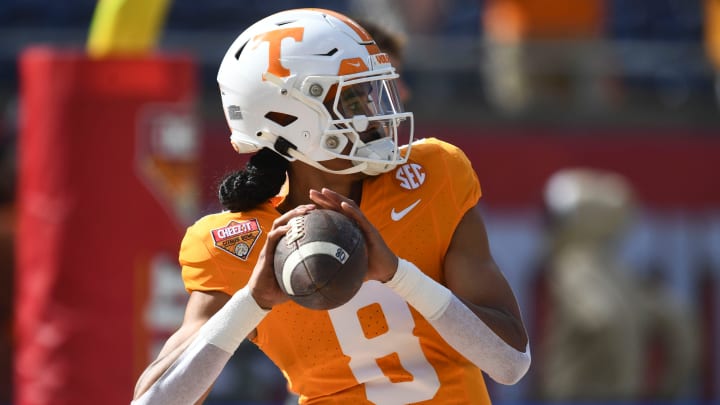 Tennessee quarterback Nico Iamaleava (8) warming up for the Citrus Bowl NCAA College football game on Monday, January 1, 2024 in Orlando, Fla.