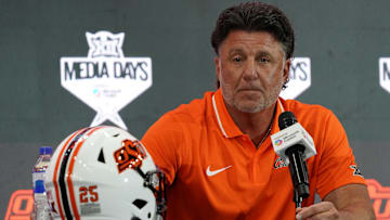 Jul 9, 2025; Frisco, TX, USA; Oklahoma State head coach Mike Gundy speaks with the media during 2025 Big 12 Football Media Days at The Star. Mandatory Credit: Raymond Carlin III-Imagn Images