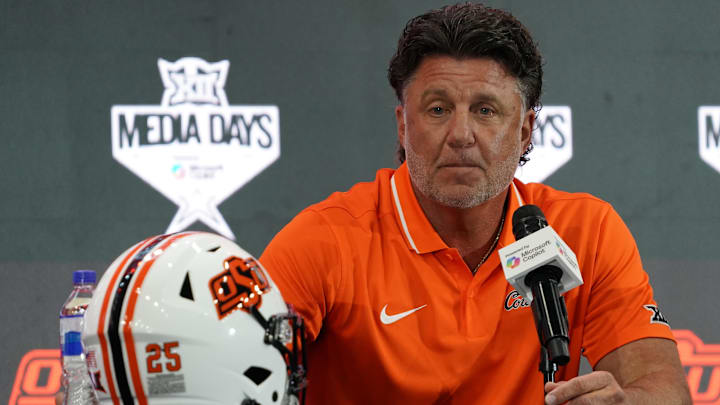 Jul 9, 2025; Frisco, TX, USA; Oklahoma State head coach Mike Gundy speaks with the media during 2025 Big 12 Football Media Days at The Star. Mandatory Credit: Raymond Carlin III-Imagn Images