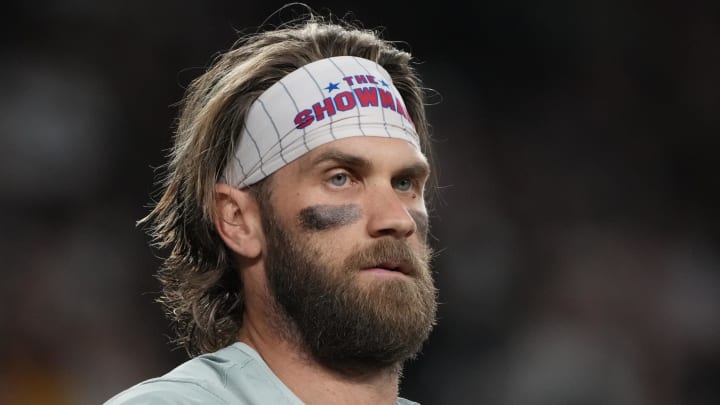 Aug 9, 2024; Phoenix, Arizona, USA; Philadelphia Phillies first base Bryce Harper (3) reacts after striking out against the Arizona Diamondbacks in the fourth inning at Chase Field.