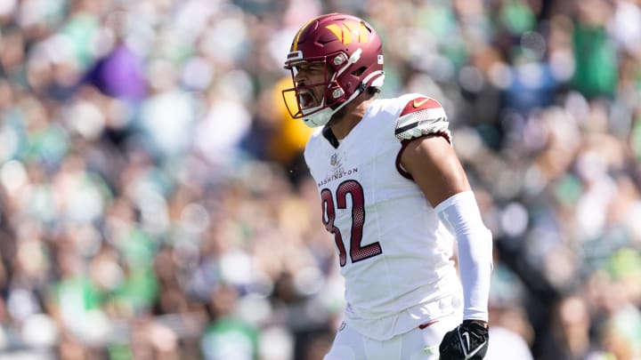 Oct 1, 2023; Philadelphia, Pennsylvania, USA; Washington Commanders tight end Logan Thomas (82) reacts after a catch and personal foul against the Philadelphia Eagles during the second quarter at Lincoln Financial Field. Mandatory Credit: Bill Streicher-USA TODAY Sports