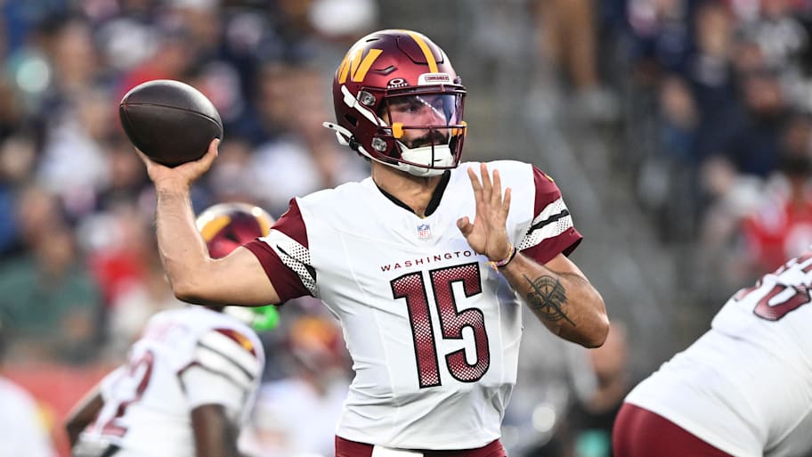 Aug 8, 2025; Foxborough, Massachusetts, USA; Washington Commanders quarterback Sam Hartman (15) passes the ball against the New England Patriots during the first half at Gillette Stadium. Mandatory Credit: Brian Fluharty-Imagn Images | Brian Fluharty-Imagn Images