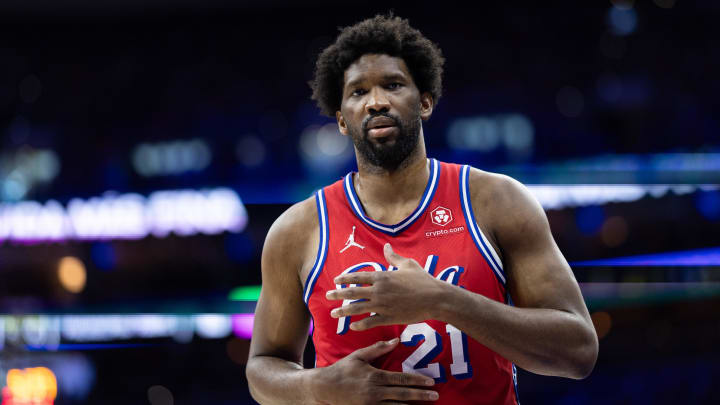 Apr 28, 2024; Philadelphia, Pennsylvania, USA; Philadelphia 76ers center Joel Embiid (21) looks on during the first half against the New York Knicks in game four of the first round in the 2024 NBA playoffs at Wells Fargo Center. Mandatory Credit: Bill Streicher-USA TODAY Sports