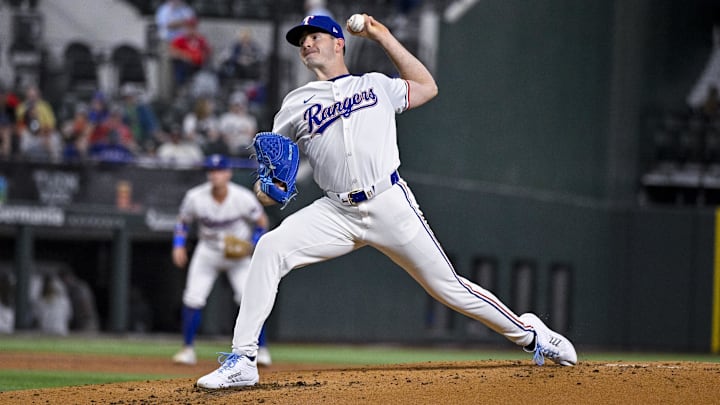 Sep 5, 2024; Arlington, Texas, USA; Texas Rangers starting pitcher Cody Bradford (61) pitches against the Los Angeles Angels during the second inning at Globe Life Field. Mandatory Credit: Jerome Miron-Imagn Images