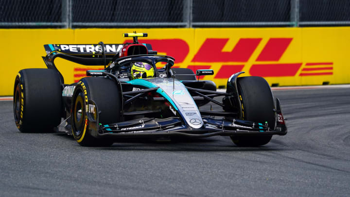 May 3, 2024; Miami Gardens, Florida, USA; Mercedes driver Lewis Hamilton (44) races out of turn 17 during F1 Sprint Qualifying at Miami International Autodrome. Mandatory Credit: John David Mercer-USA TODAY Sports