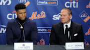 Dec 12, 2024; Flushing, NY, USA; New York Mets right fielder Juan Soto sits with agent Scott Boras during his introductory press conference at Citi Field. Mandatory Credit: Brad Penner-Imagn Images