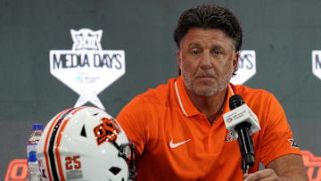 Oklahoma State head coach Mike Gundy speaks with the media during 2025 Big 12 Football Media Days at The Star