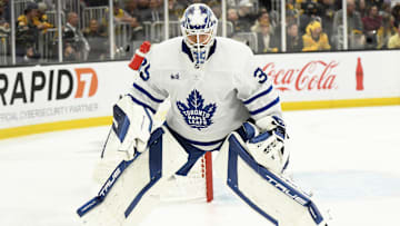 May 4, 2024; Boston, Massachusetts, USA; Toronto Maple Leafs goaltender Ilya Samsonov (35) skates after his stick during the first period in game seven of the first round of the 2024 Stanley Cup Playoffs against the Boston Bruins at TD Garden. Mandatory Credit: Bob DeChiara-Imagn Images
