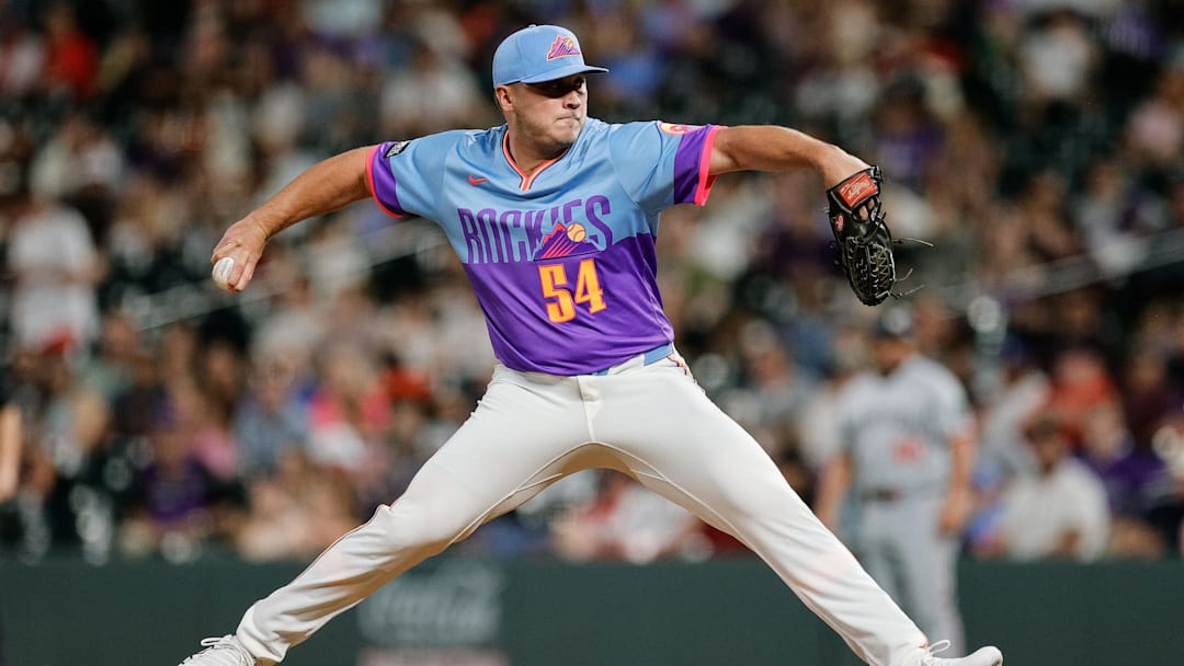 Jul 18, 2025; Denver, Colorado, USA; Colorado Rockies relief pitcher Seth Halvorsen (54) pitches in the ninth inning against the Minnesota Twins at Coors Field. Mandatory Credit: Isaiah J. Downing-Imagn Images