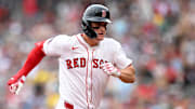 Jul 27, 2025; Boston, Massachusetts, USA; Boston Red Sox right fielder Roman Anthony (19) runs the bases after hitting a RBI triple against the Los Angeles Dodgers  during the fifth inning at Fenway Park. Mandatory Credit: Brian Fluharty-Imagn Images
