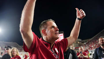 Sep 20, 2025; Bloomington, Indiana, USA; Indiana Hoosiers head coach Curt Cignetti celebrates after defeating the Illinois Fighting Illini at Memorial Stadium. 