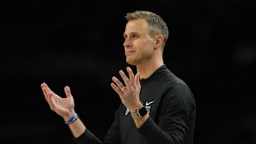 Apr 5, 2025; San Antonio, TX, USA; Duke Blue Devils head coach Jon Scheyer reacts after a play against the Houston Cougars during the second half in the semifinals of the men's Final Four of the 2025 NCAA Tournament at the Alamodome. Mandatory Credit: Bob Donnan-Imagn Images
