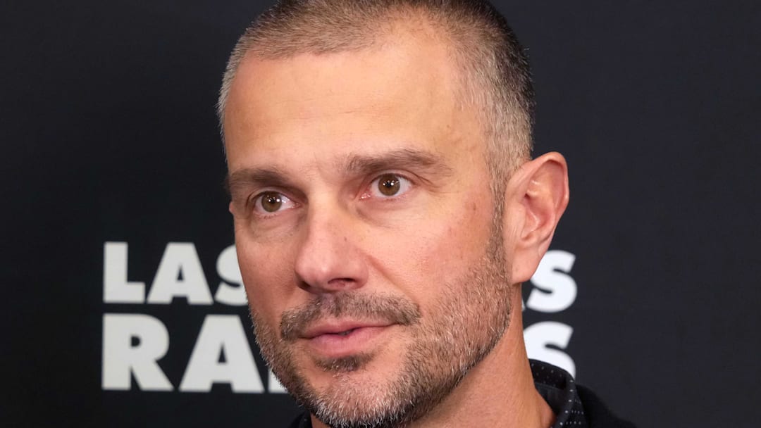 Feb 25, 2025; Indianapolis, IN, USA; Las Vegas Raiders general manager John Spytek on radio row during the NFL Scouting Combine at the Indiana Convention Center. Mandatory Credit: Kirby Lee-Imagn Images