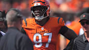Cincinnati Bengals defensive end Shemar Stewart (97) walks for the injury tent in the fourth quarter of the NFL Week 2 game between the Cincinnati Bengals and the Jacksonville Jaguars at Paycor Stadium in downtown Cincinnati on Sunday, Sept. 14, 2025. The Bengals came back from a halftime deficit to win 31-27.