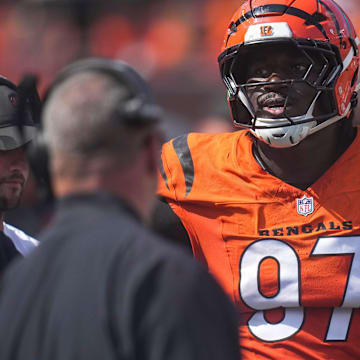 Cincinnati Bengals defensive end Shemar Stewart (97) walks for the injury tent in the fourth quarter of the NFL Week 2 game between the Cincinnati Bengals and the Jacksonville Jaguars at Paycor Stadium in downtown Cincinnati on Sunday, Sept. 14, 2025. The Bengals came back from a halftime deficit to win 31-27.