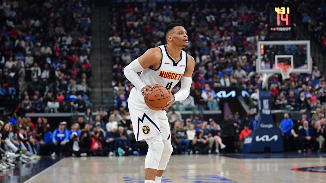Apr 24, 2025; Inglewood, California, USA; Denver Nuggets guard Russell Westbrook (4) controls the ball against the Los Angeles Clippers during the first half of game three in the first round for the 2024 NBA Playoffs at Intuit Dome. Mandatory Credit: Gary A. Vasquez-Imagn Images