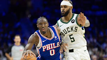 Philadelphia 76ers guard Tyrese Maxey drives past Milwaukee Bucks guard Gary Trent Jr. during the fourth quarter at Wells Fargo Center on Wednesday.