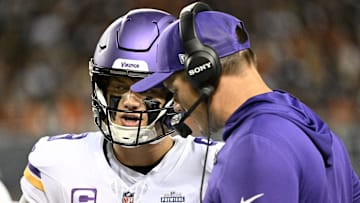 Sep 8, 2025; Chicago, Illinois, USA; Minnesota Vikings head coach Kevin O'Connell talks with quarterback J.J. McCarthy (9) during the first half at Soldier Field. Mandatory Credit: Matt Marton-Imagn Images