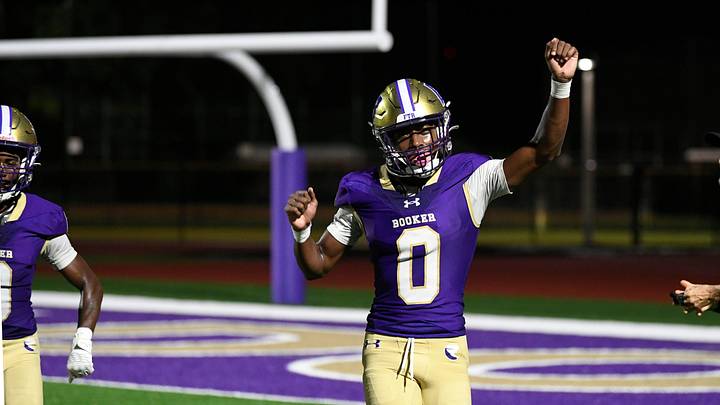Booker's defensive back/wide receiver Chauncey Kennon (#0) celebrates a touchdown. The Booker Tornadoes hosted the Lely Trojans (Naples, FL) Friday night, Aug. 23, 2024, who lost to Booker 46-0 during the first regular non-conference season game of the year.