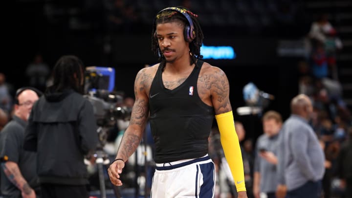 Mar 29, 2023; Memphis, Tennessee, USA; Memphis Grizzlies guard Ja Morant (12) walks onto the court during warm ups prior to the game against the Los Angeles Clippers at FedExForum. 