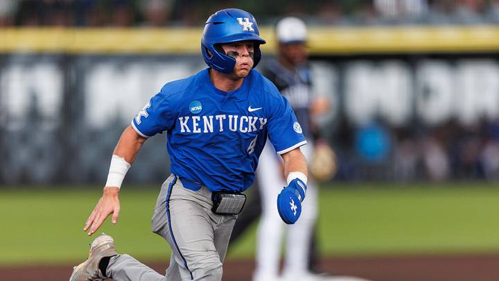 Lexington, KY, USA; Kentucky Wildcats infielder Émilien Pitre (4) steals second and third base during the first inning against the Indiana State Sycamores at Kentucky Proud Park. Mandatory Credit: Jordan Prather-USA TODAY Sports