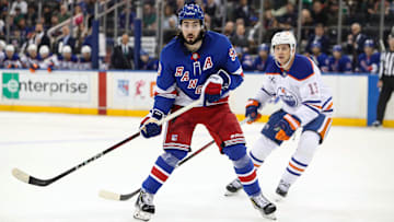 Mar 16, 2025; New York, New York, USA; New York Rangers center Mika Zibanejad (93) awaits a pass against the Edmonton Oilers during the second period at Madison Square Garden. Mandatory Credit: Danny Wild-Imagn Images