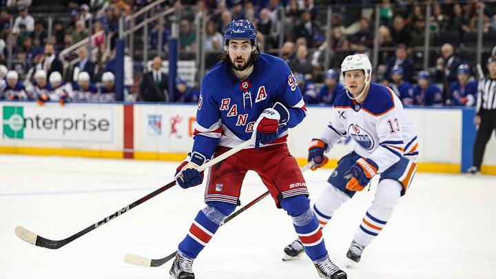 Mar 16, 2025; New York, New York, USA; New York Rangers center Mika Zibanejad (93) awaits a pass against the Edmonton Oilers during the second period at Madison Square Garden. Mandatory Credit: Danny Wild-Imagn Images