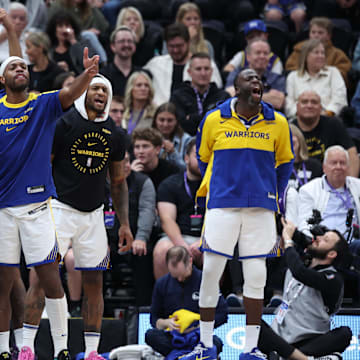 Oct 25, 2024; Salt Lake City, Utah, USA; The Golden State Warriors bench reacts to a play against the Utah Jazz during the fourth quarter at Delta Center. Mandatory Credit: Rob Gray-Imagn Images