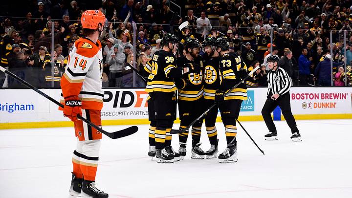 Oct 23, 2025; Boston, Massachusetts, USA; Boston Bruins right wing David Pastrnak (88) is congratulated by his teammates after scoring a goal during the third period against the Anaheim Ducks at TD Garden. Mandatory Credit: Bob DeChiara-Imagn Images Oct 23, 2025; Boston, Massachusetts, USA; Boston Bruins right wing David Pastrnak (88) is congratulated by his teammates after scoring a goal during the third period against the Anaheim Ducks at TD Garden. Mandatory Credit: Bob DeChiara-Imagn Images