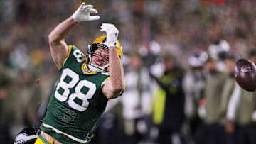 Green Bay Packers tight end Luke Musgrave (88) fails to catch a pass against the Philadelphia Eagles on Monday, November 10, 2025, at Lambeau Field in Green Bay, Wis. The Eagles won the game, 10-7.