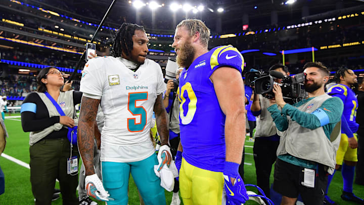 Miami Dolphins cornerback Jalen Ramsey (5) meets with Los Angeles Rams wide receiver Cooper Kupp (10) following the game at SoFi Stadium. Miami Dolphins cornerback Jalen Ramsey (5) meets with Los Angeles Rams wide receiver Cooper Kupp (10) following the game at SoFi Stadium.
