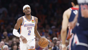 Feb 23, 2024; Oklahoma City, Oklahoma, USA; Oklahoma City Thunder guard Shai Gilgeous-Alexander (2) dribbles the ball down the court against the Washington Wizards during the second half at Paycom Center. Mandatory Credit: Alonzo Adams-USA TODAY Sports